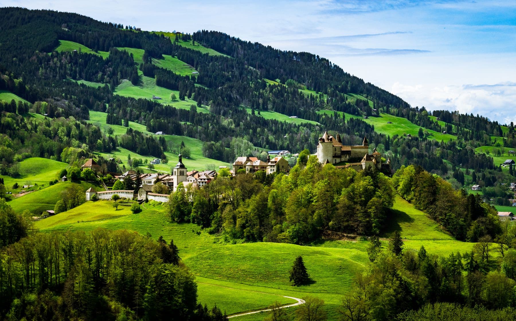 The castle and village of Gruyères on a green hill in the Fribourg countryside
