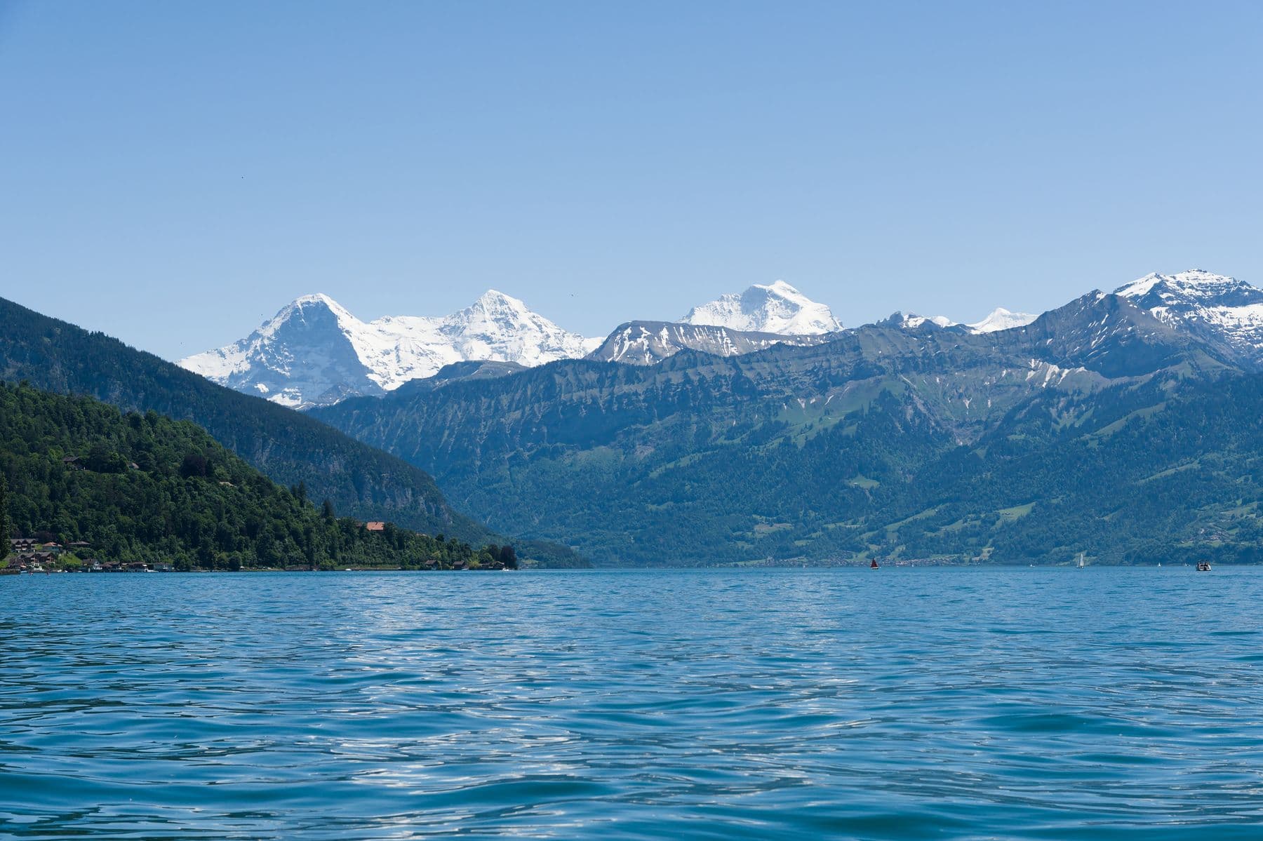 The Eiger, Mönch and Jungfrau seen across Lake Thun from Interlaken