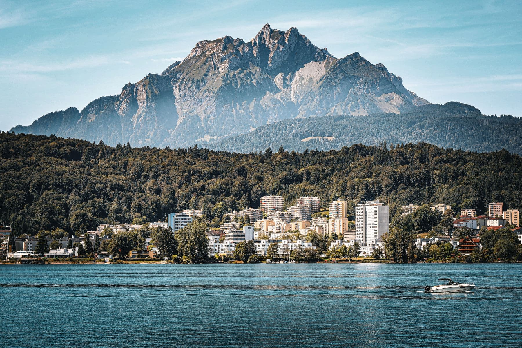 Mount Pilatus rising above Lake Lucerne and the city waterfront
